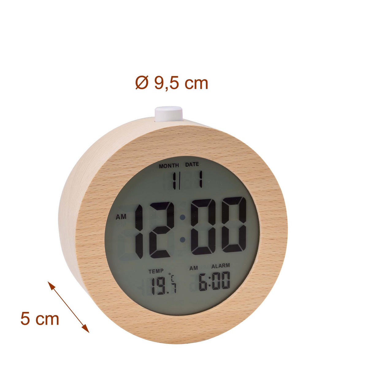 VÄCKARKLOCKA natur bokträ digital - Ljusbrun, Trä/Plast (9.5/9.5/5cm) - Relaxdays
