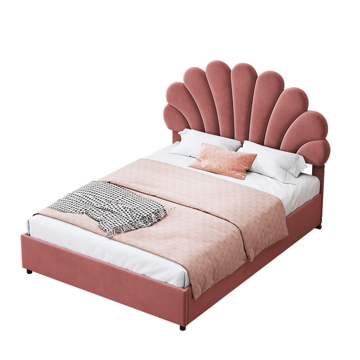 POLSTERBETT 140/200 cm Bohnenrot mit geblümtem Kopfteil und hydraulischem Stauraum aus Samt - Dunkelrosa, Textil (140/200cm) - OKWISH