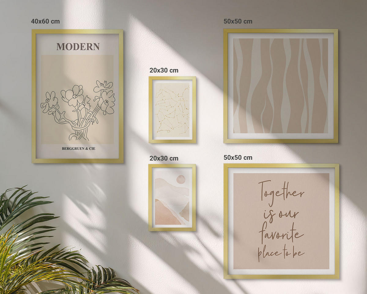 BILDER SET 5er Set - 50x50 cm & 20x30 cm & 40x60 cm Goldrahmen - Abstrakte Formen und Farben - Goldfarben, Kunststoff (40/60cm) - TULUP