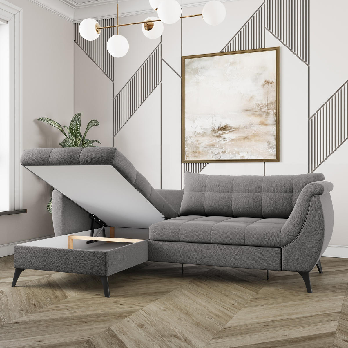 ECKSOFA MOLLIS Blau Geflochtener-Stoff mit Schlaffunktion - Blau, Holz (241/154cm) - MASSENO