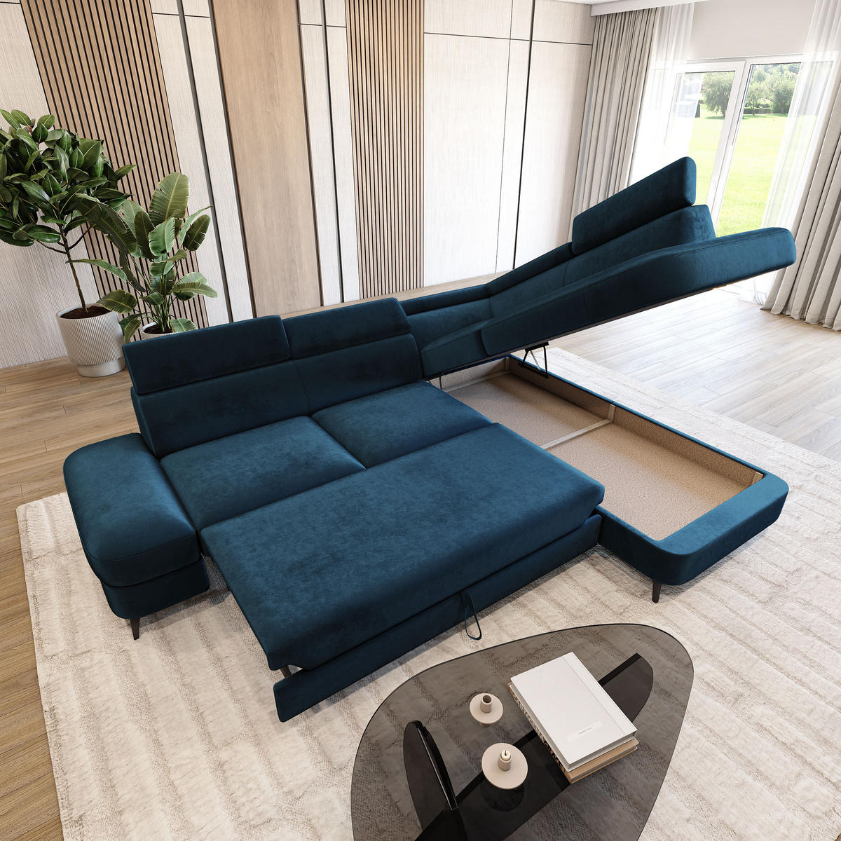 ECKSOFA AVISE M R-S Blau Velours-Stoff mit Schlaffunktion - Blau, Holzwerkstoff/Textil (268/195cm) - MASSENO