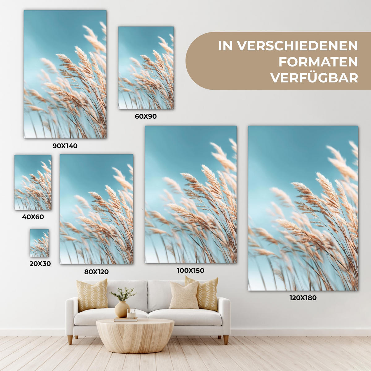 LEINWANDBILD Ziergras - Wind - Hellbraun Deko XXL 80x120 cm - Hellblau, Textil (80/120cm) - MuchoWow