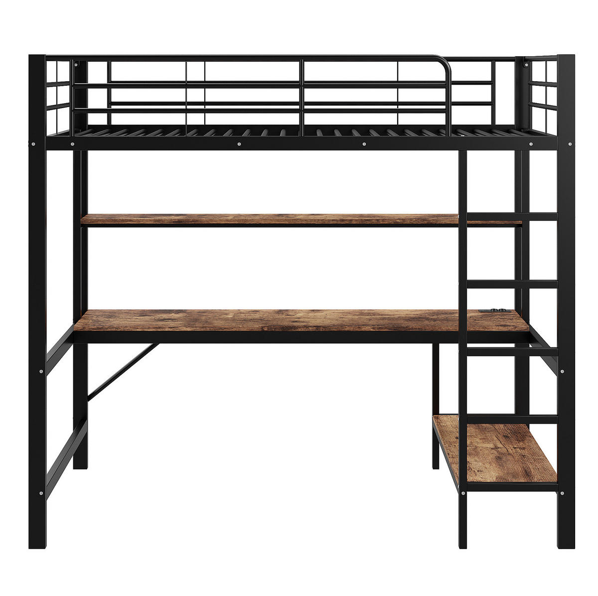 HOCHBETT 90/200 cm mit Schreibtisch, Regal, USB, Steckdose und LED-Ambientelicht, Schwarz - Schwarz, Metall (90/200cm) - Redom