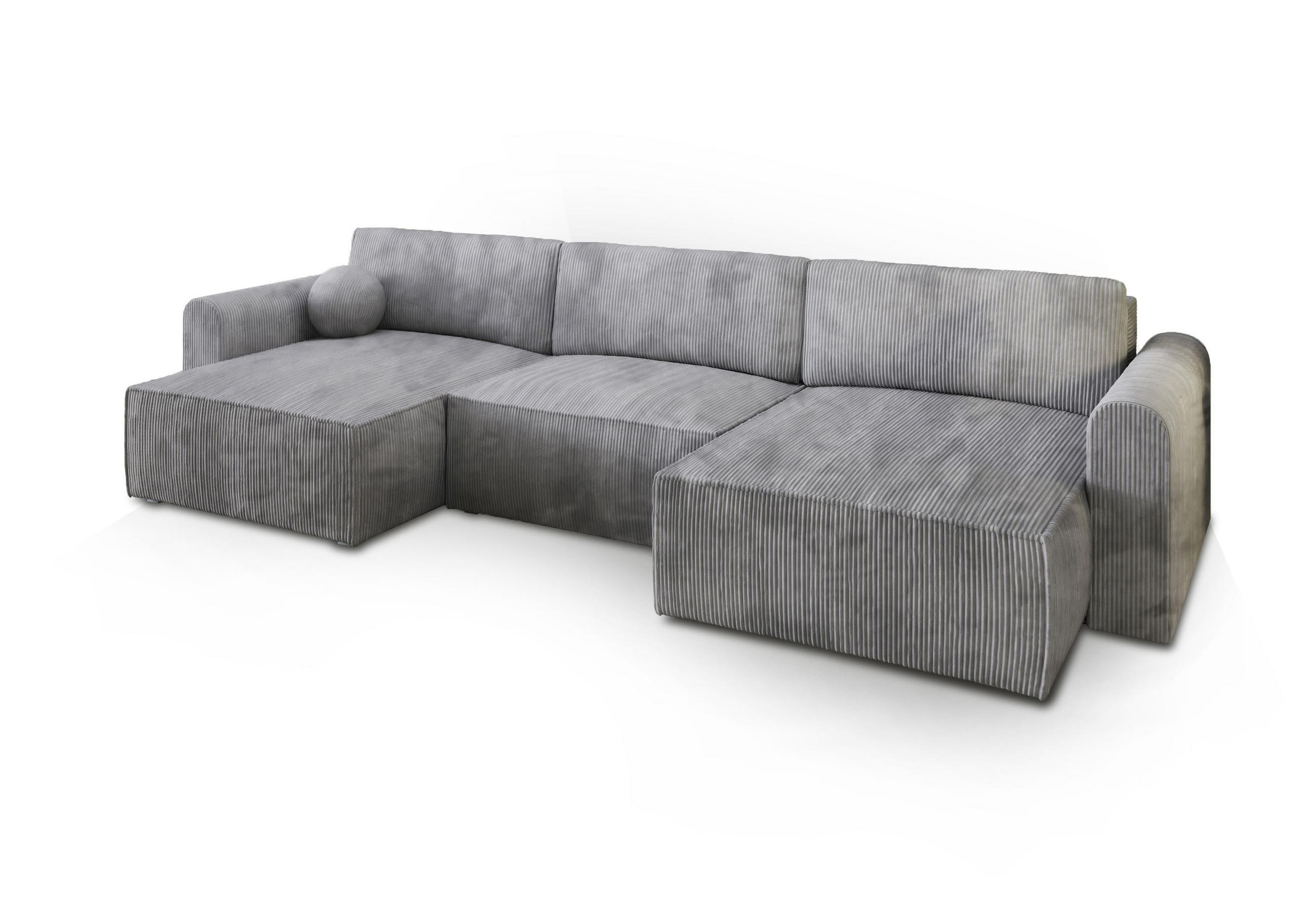 WOHNLANDSCHAFT FENTO P Hellgrau Kordstoff mit Schlaffunktion - Hellgrau, Holz (347/90/148cm) - MASSENO
