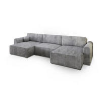 WOHNLANDSCHAFT FENTO P Hellgrau Kordstoff mit Schlaffunktion - Hellgrau, Holz (347/90/148cm) - MASSENO