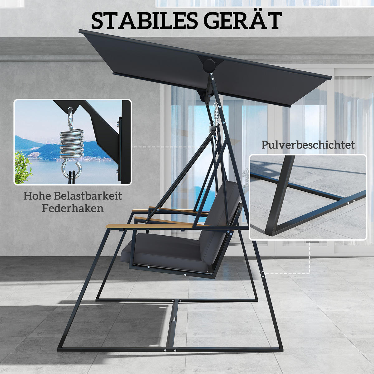 HOLLYWOODSCHAUKEL 3-Sitzer 222/131/175 cm Dunkelgrau - Grau, Textil (131/175/222cm) - Outsunny