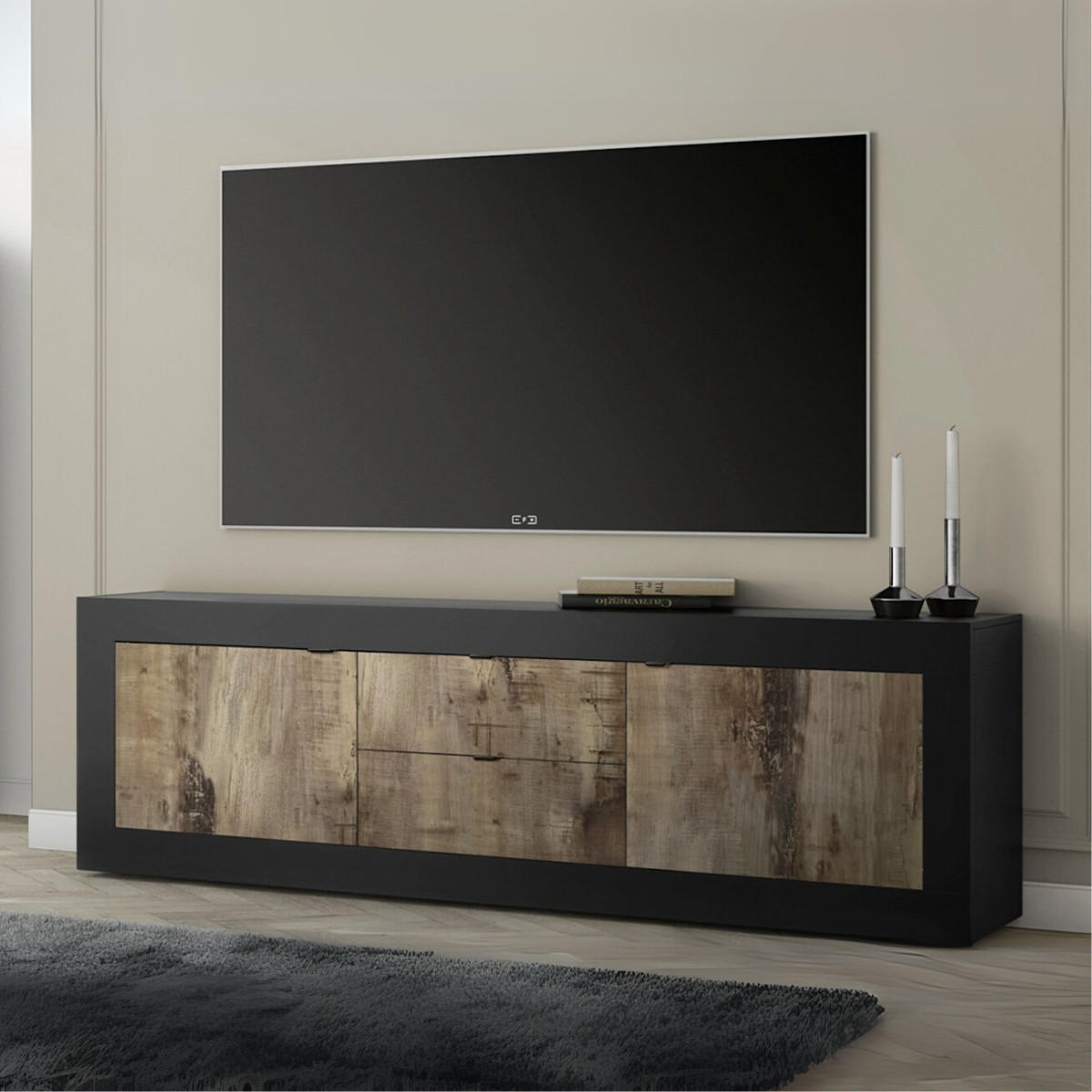 SIDEBOARD mit 2 Türen und 2 Schubladen Itinial - L210 cm - Schwarz/Braun, Holzwerkstoff (43/65/210cm) - Calicosy
