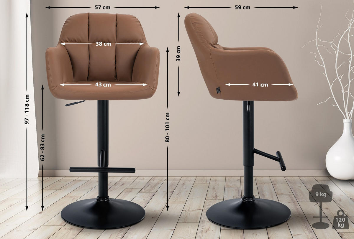BARHOCKER Natoma Kunstleder 97-118 cm hellbraun - Hellbraun, Leder (57/97/59cm) - furnicato