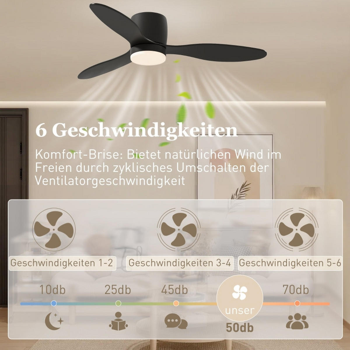 DECKENVENTILATOR 115cm LED Licht DC Motor 3 Flügel Timer - Schwarz, Kunststoff (115/115/20cm) - CASIVA