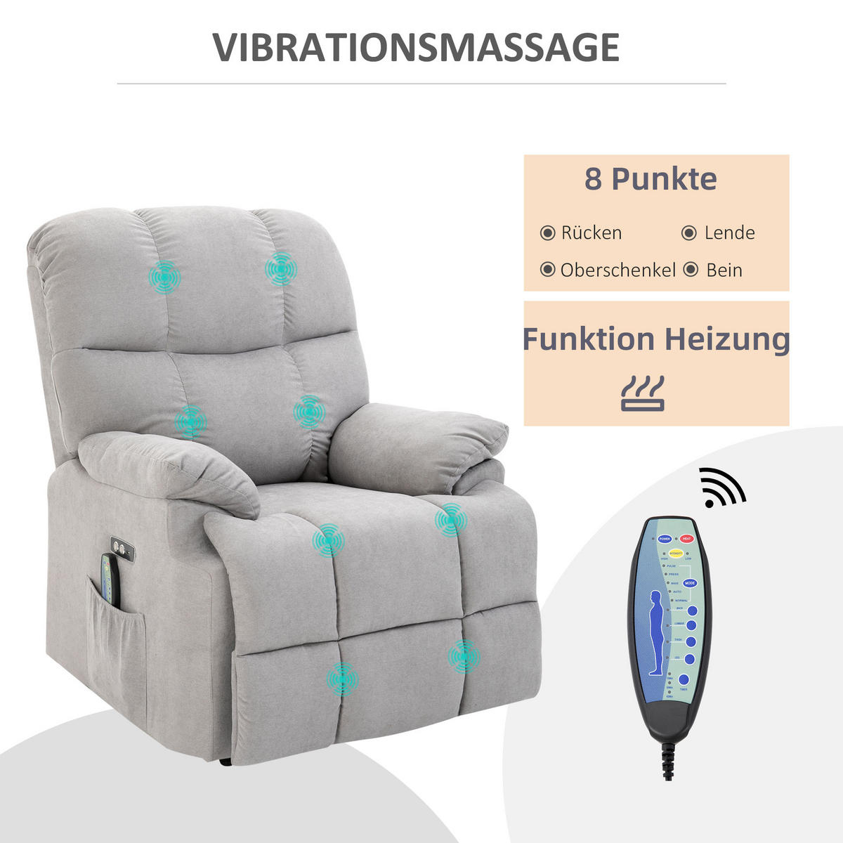 MASSAGESESSEL mit Aufstehhilfe Relaxsessel Fernsehsessel mit Wärmefunktion Grau - Grau, Kunststoff (95/105/83cm) - HOMCOM