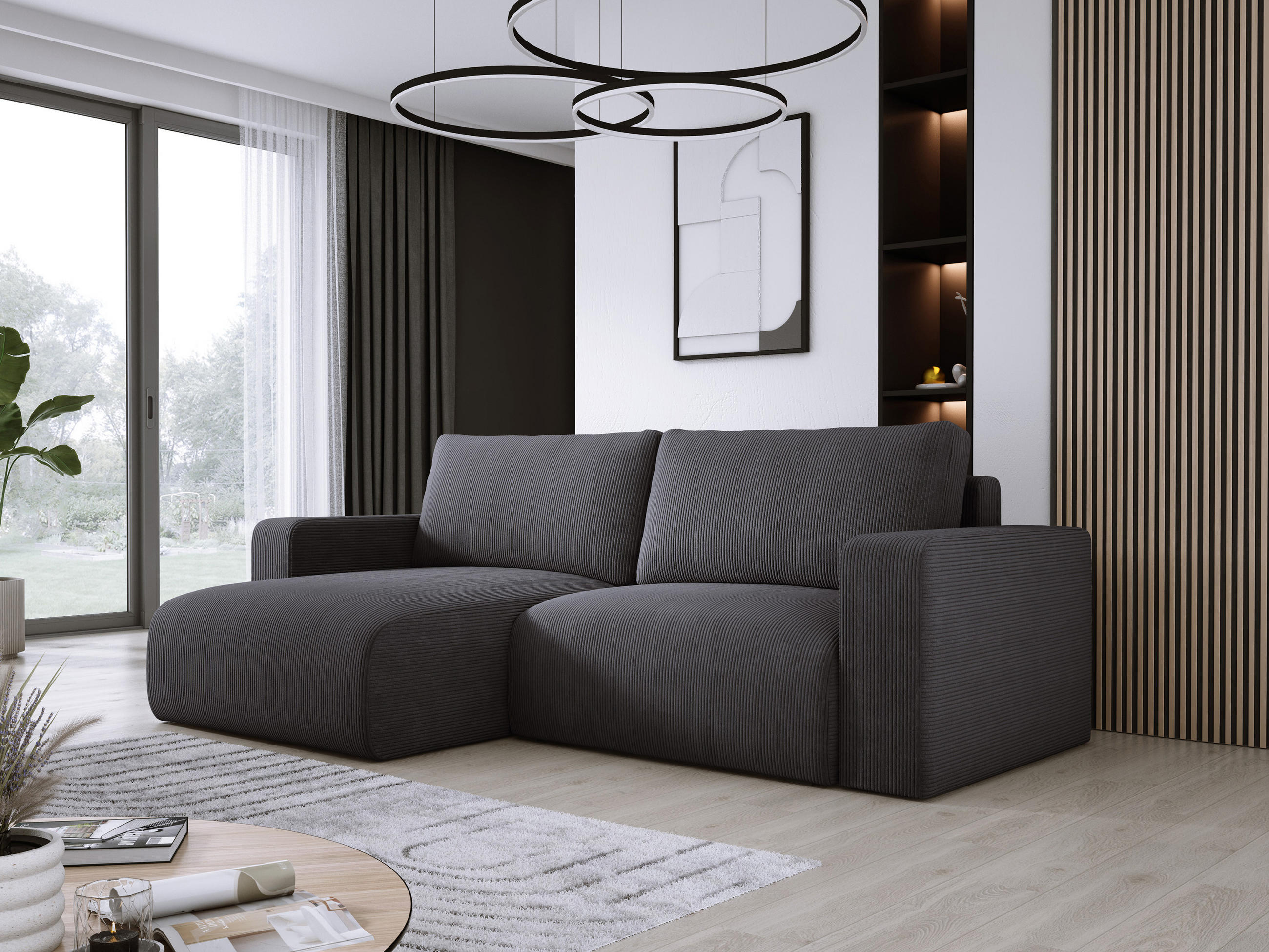 ECKSOFA Carl L-förmig Schlaffunktion und Bettkasten weicher Cordstoff flexibel stellbar lose Rückenkissen freistehend LINKS 143x247x83cm Graphite - Graphitfarben, Holz/Textil (143/247cm) - DomoHome