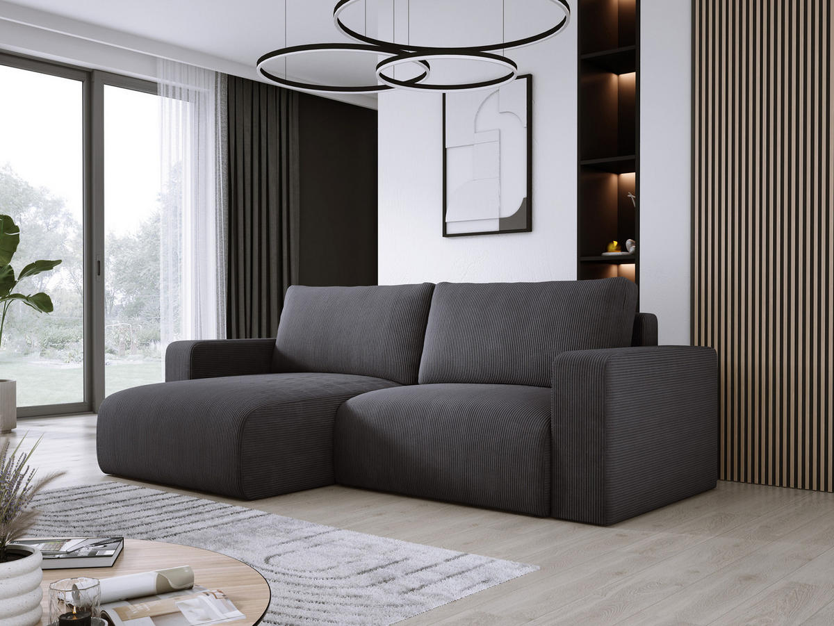 ECKSOFA Carl L-förmig Schlaffunktion und Bettkasten weicher Cordstoff flexibel stellbar lose Rückenkissen freistehend LINKS 143x247x83cm Graphite - Graphitfarben, Holz/Textil (143/247cm) - DomoHome