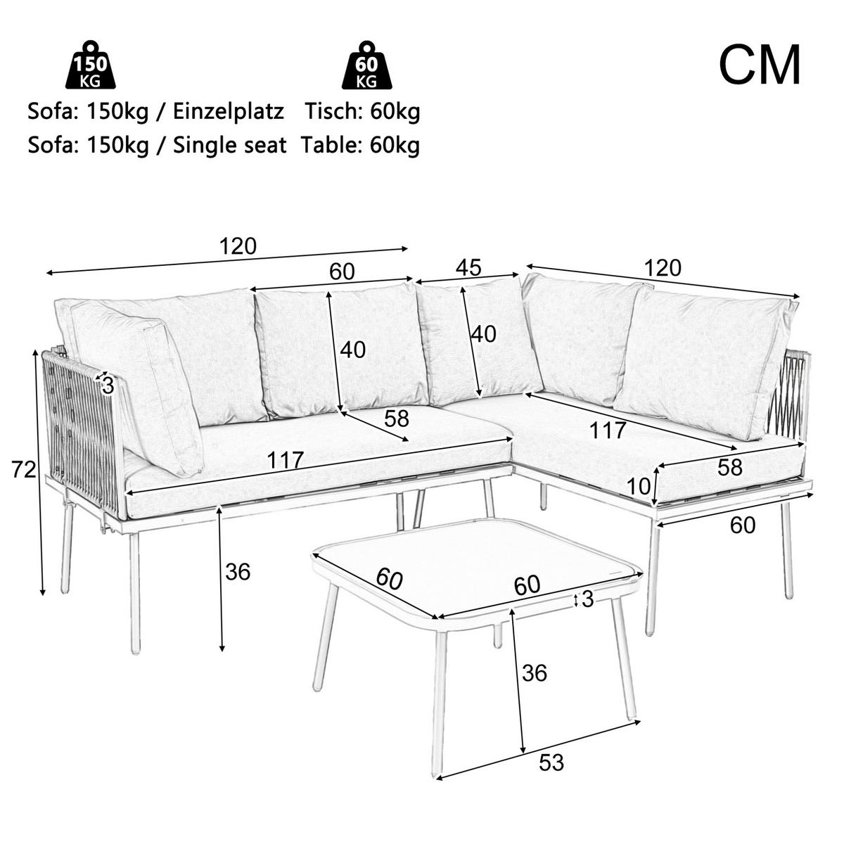LOUNGEGARNITUR 120/60/72 cm grau aus Eisen mit Glastisch und Kissen - Grau, Metall - OKWISH