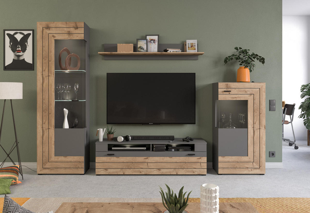 TV-LOWBOARD Eiche, grau matt 140 cm, TV Unterteil mit 4 Fächern - Eichefarben/Dunkelgrau, Holzwerkstoff/Kunststoff (140/43/40cm) - Inn.Furn