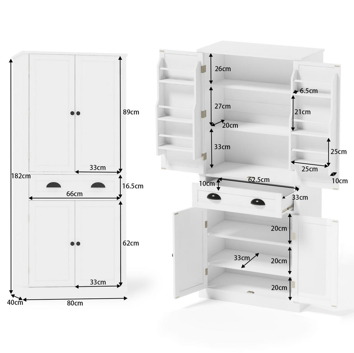 BUFFET 80/40/182 cm Weiß aus MDF mit 4 verstellbaren Böden - Weiß, Holzwerkstoff (80/182/40cm) - OKWISH