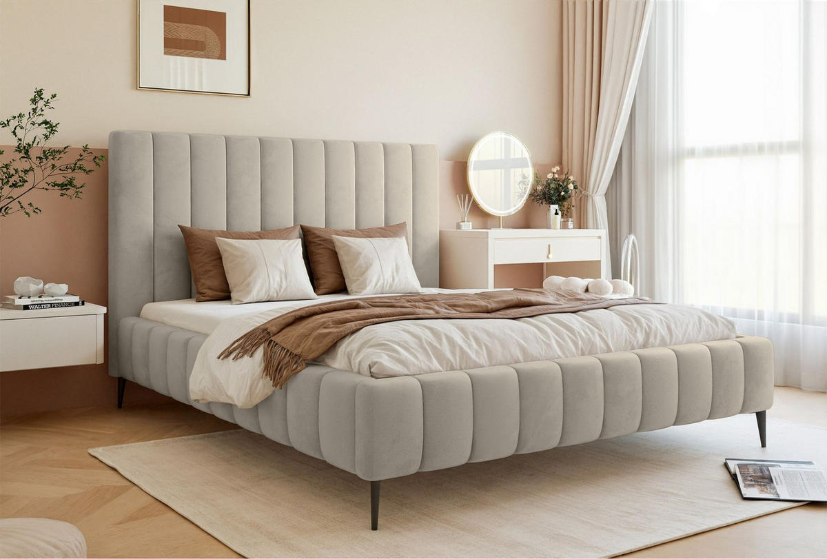POLSTERBETT Fiarro mit Metallfüßen, Hellbeige, Velours, 140x200 cm - Ecru, Textil/Metall (140/200cm) - Selsey