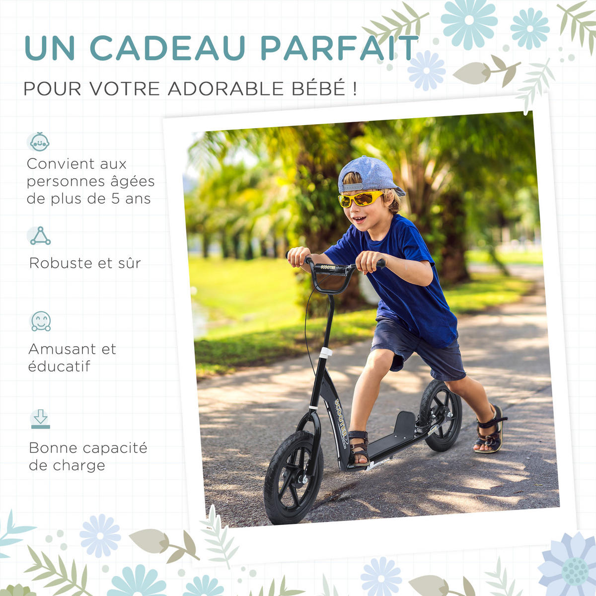 KINDERSCOOTER DE-16935 30 cm EVA-Reifen Schwarz - Schwarz, Metall (120/52/88cm) - ComfortXL