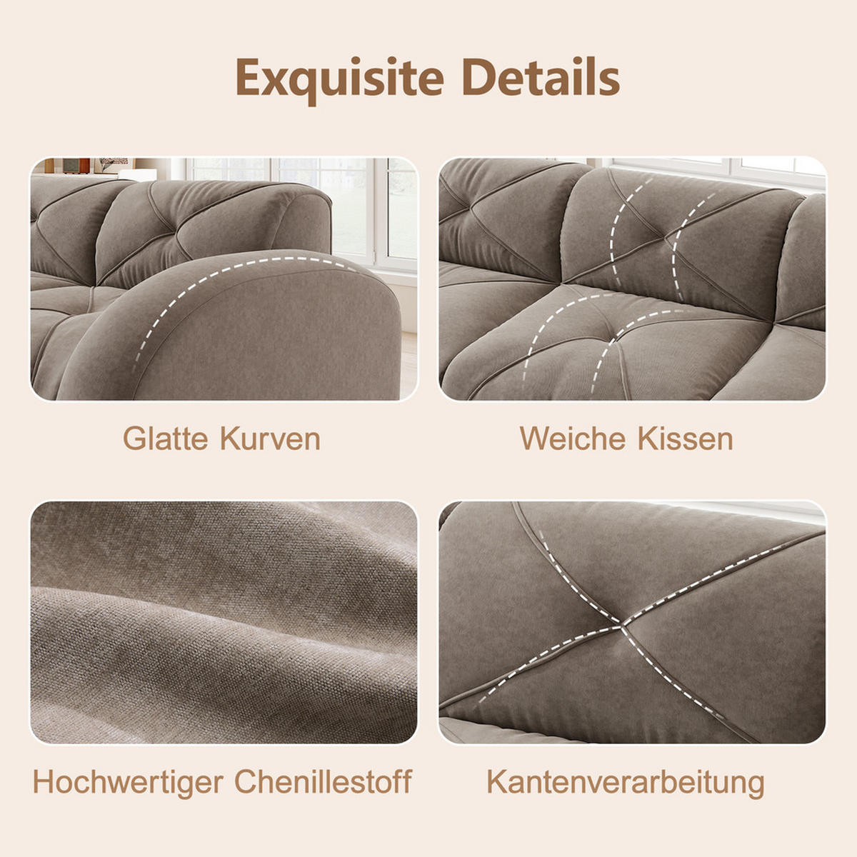 2-SITZER 204 x 171 x 76 cm Rutschfest - Taupe, Textil (171/76/204cm) - Raelunyi