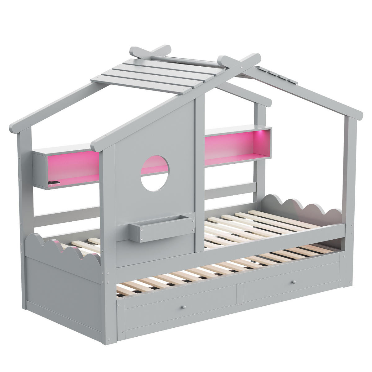 HAUSBETT 90/200 cm & 90/190 cm in Grau Kinderbett mit 2 Schubladen, Stauraum, LED, USB und Type-C - Grau, Holzwerkstoff (90/200cm) - STILVORA