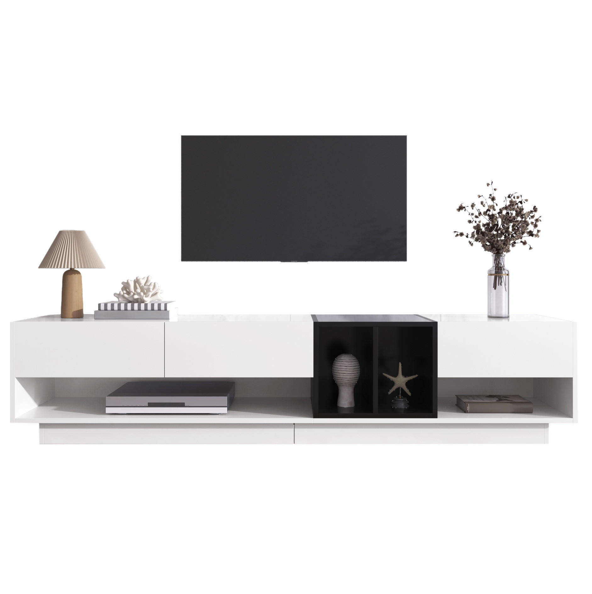 Modfu TV stolek z dřevotřísky 190x40x42 cm bílá/černá se 3 zásuvkami a 2 otevřenými přihrádkami, vysoký lesk
