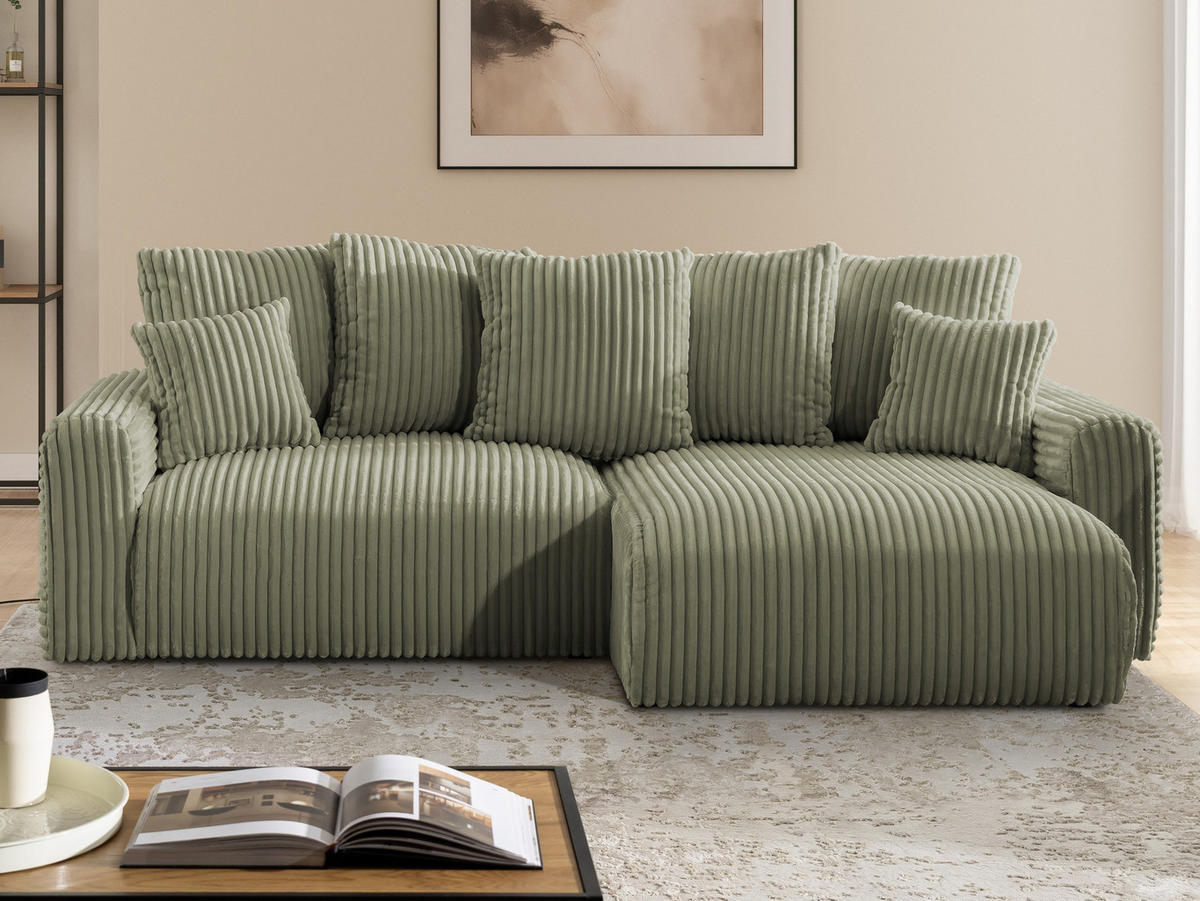 ECKSOFA Calma mit Schlaffunktion und Bettkasten im Bumpy-Design aus weichem Olive Plüschcord - Ottomane rechts - Schwarz/Grün, Holz/Kunststoff (140/239cm) - S-Style