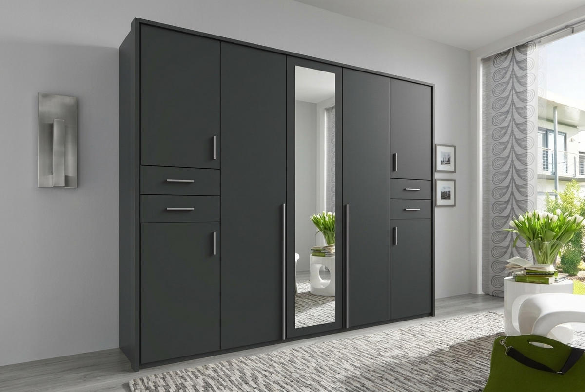 DREHTÜRENSCHRANK Kleiderschrank B228/H210/T58 cm mit Schubkästen & Passepartout & 1 Spiegeltür, Grafit / 22571 - Silberfarben/Graphitfarben, Holzwerkstoff/Kunststoff (228/210/58cm) - luma-home