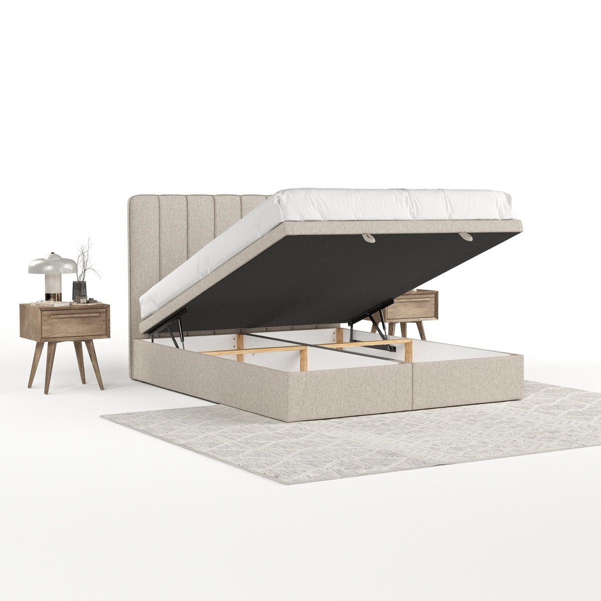 POLSTERBETT Vienna mit Stauraum 180/200 cm Hellbeige im Megan Stoff - Beige/Schwarz, Holz/Holzwerkstoff (180/200cm) - AltaBeds