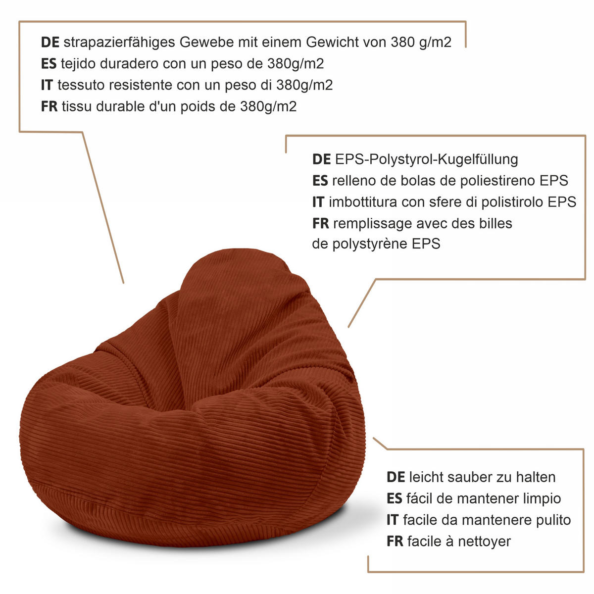 SITZSACK PARADISE MIT FUßSTÜTZE Kordsamt 2-tlg Indian tan M - Cognac/Braun, Textil (90/100/90cm) - Dreamroots