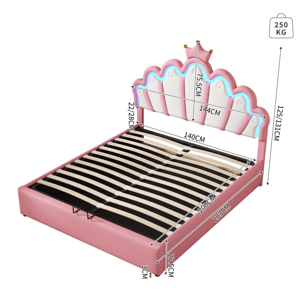 POLSTERBETT aus MDF, Kunstleder und Metall 140x200 cm Rosa mit LED-Beleuchtung und Stauraum - Rosa, Kunststoff (140/200cm) - IVMEU