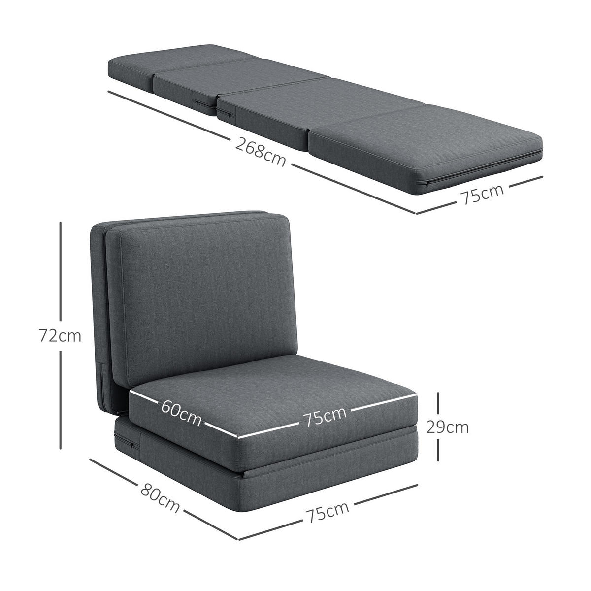 BODENSOFA 3-in-1, bis 240 kg belastbar, Dunkelgrau - Dunkelgrau, Kunststoff (268/18/75cm) - HOMCOM