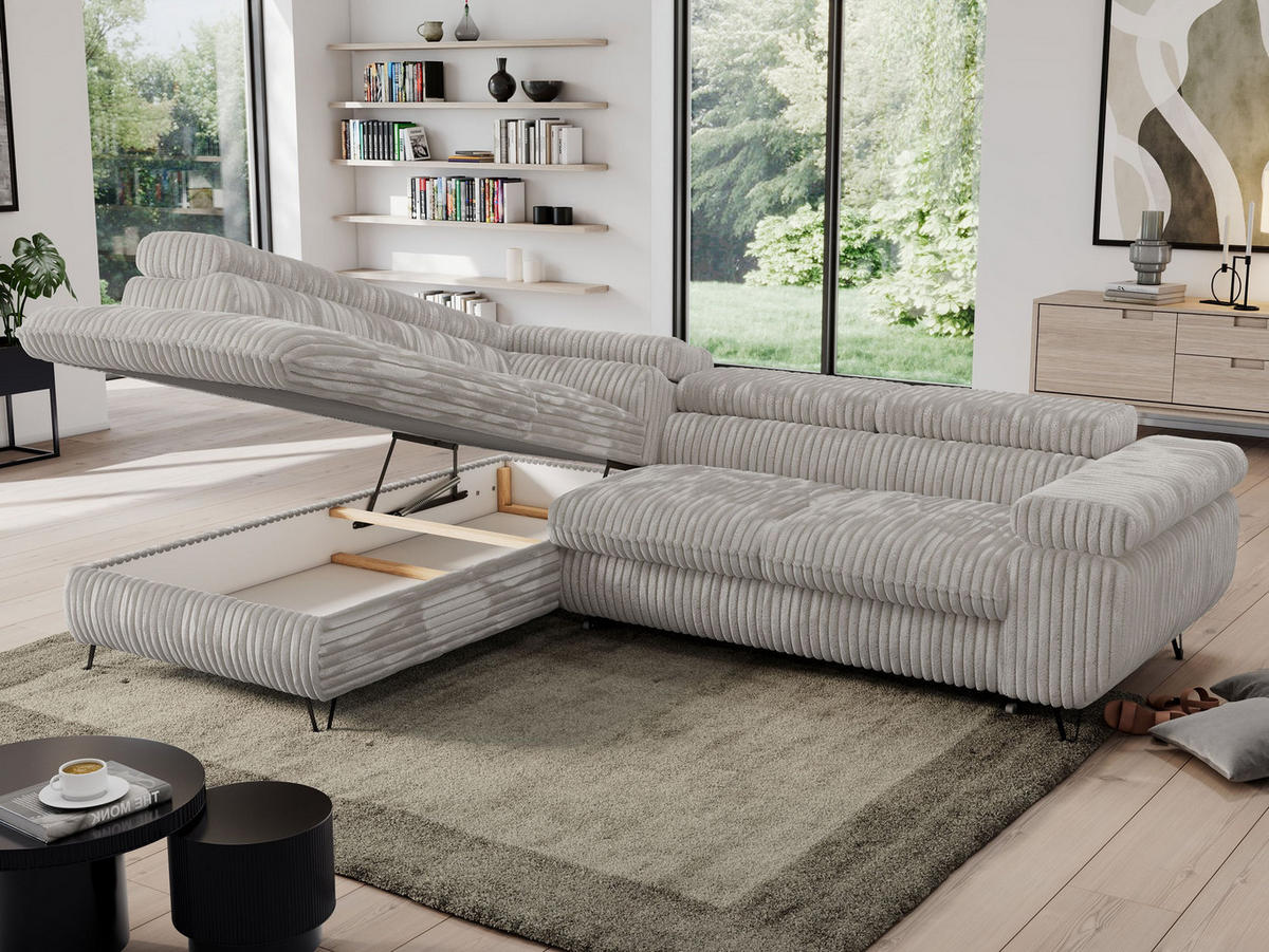 ECKSOFA PEDRO L Hellgrau Cord - Links Seite - Hellgrau/Schwarz, Textil/Metall (208/273cm) - MKS