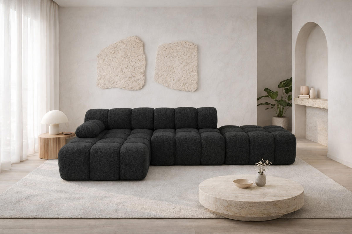 ECKSOFA L-Form Modular Mit Hocker, Bouclé-Stoff Abriamo, Graphit, Links, Selia - Graphitfarben, Holz (285/160cm) - Kaiser Möbel