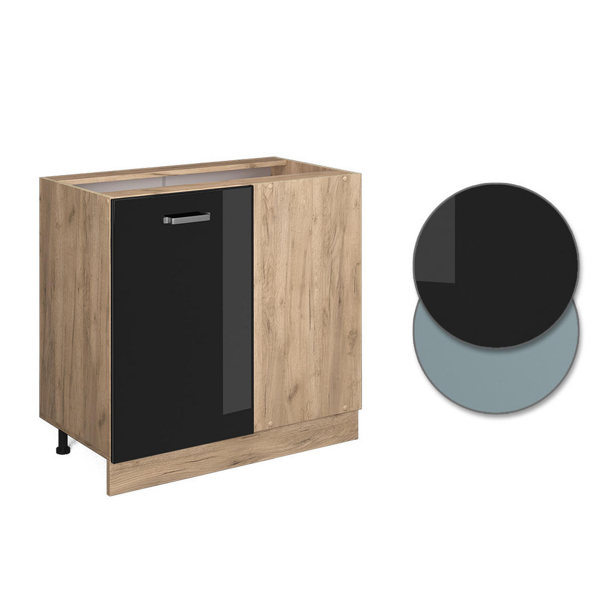 ECKUNTERSCHRANK R-Line Schwarz Hochglanz 86 cm AP Marmor - Schwarz Hochglanz/Eiche Wotan, Holzwerkstoff (86/81.6/60cm) - Vicco