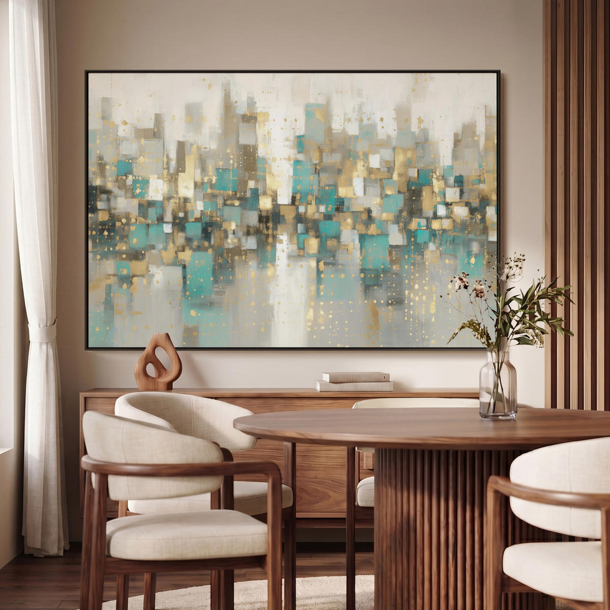 LEINWAND Bilder mit Rahmen - Abstrakt - Blöcke - Gold - Skyline - 150x100 - Beige, Textil (150/100cm) - MuchoWow