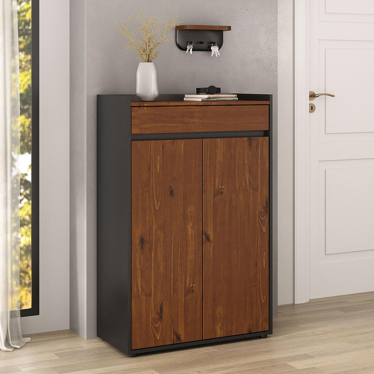 SCHUHSCHRANK TILO schwarz/Kastanie - Kastanienfarben/Schwarz, Holz (74/114/35cm) - IDIMEX