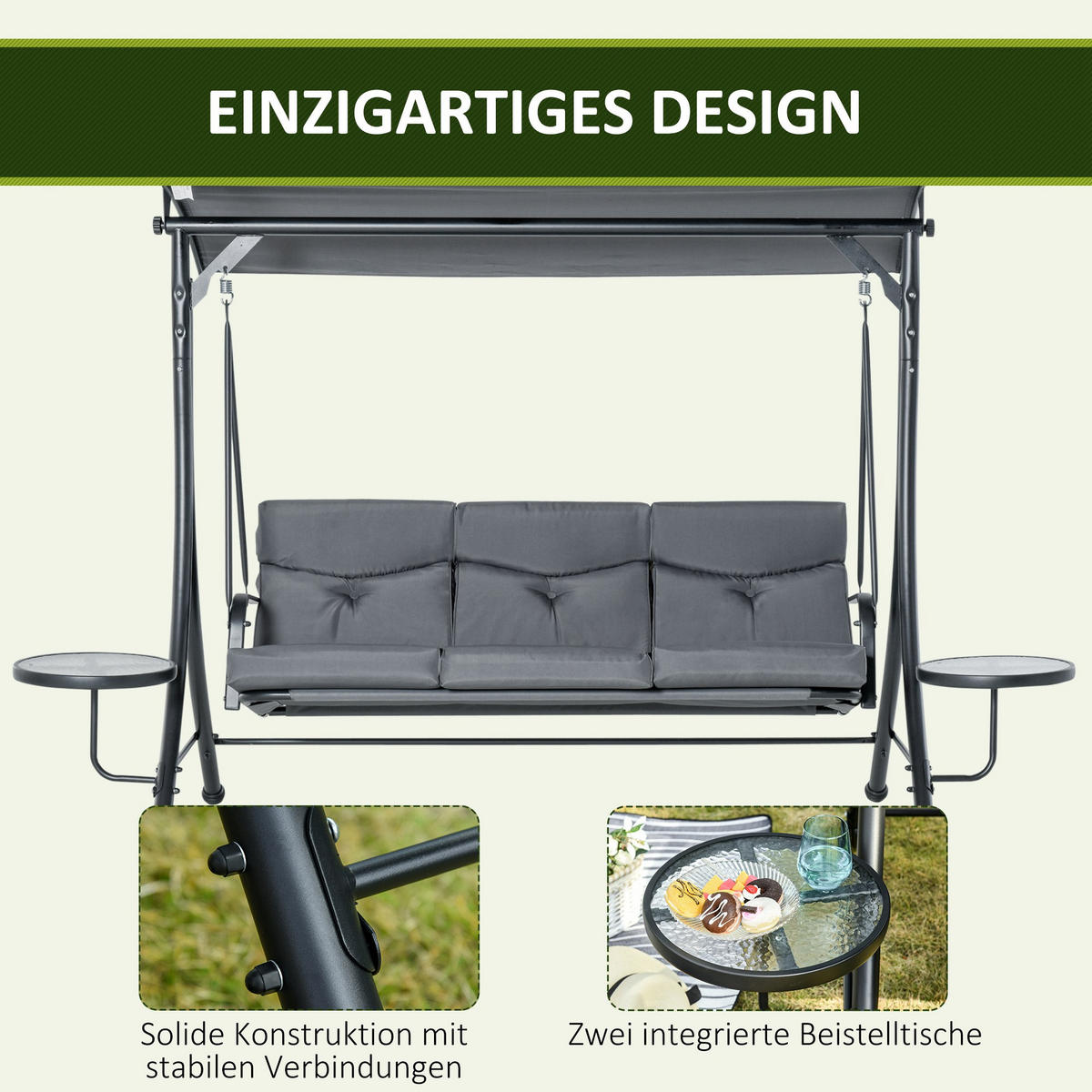 HOLLYWOODSCHAUKEL 3 Sitzer Tisch grau schwarz - Grau, Metall (271/177/125cm) - LEBENLANG