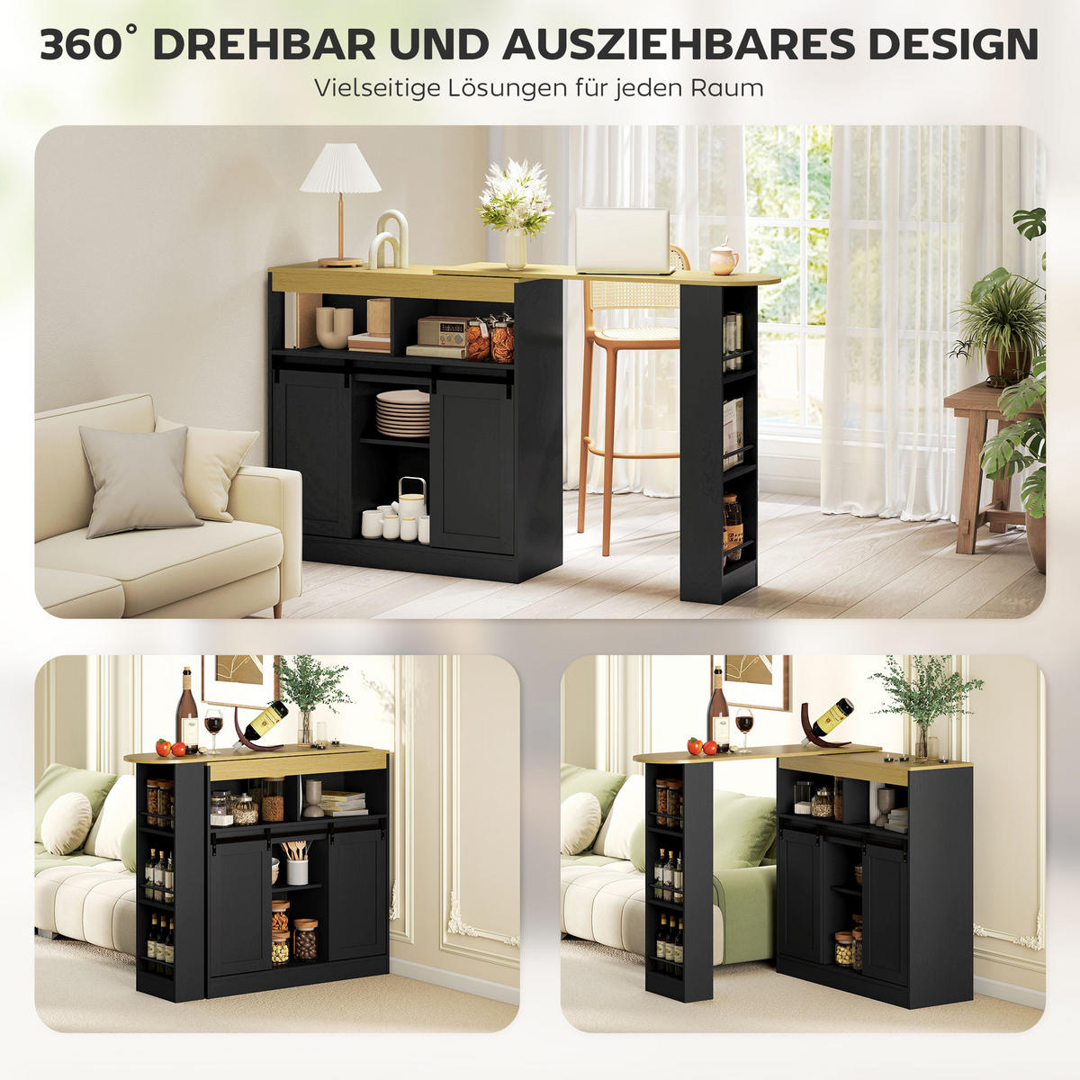 Ausziehbarer-Bartisch Spanplatte MDF Schwarz - Schwarz, Holzwerkstoff (187.5/35/105cm) - HOMCOM
