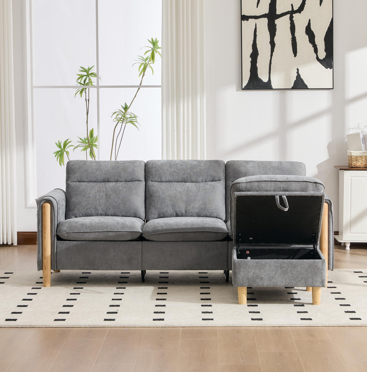 SOFA 201/77/86 cm in Hellgrau mit Hocker, Stauraum und Seitentaschen - Hellgrau, Textil (77/86/201cm) - Flora Grace