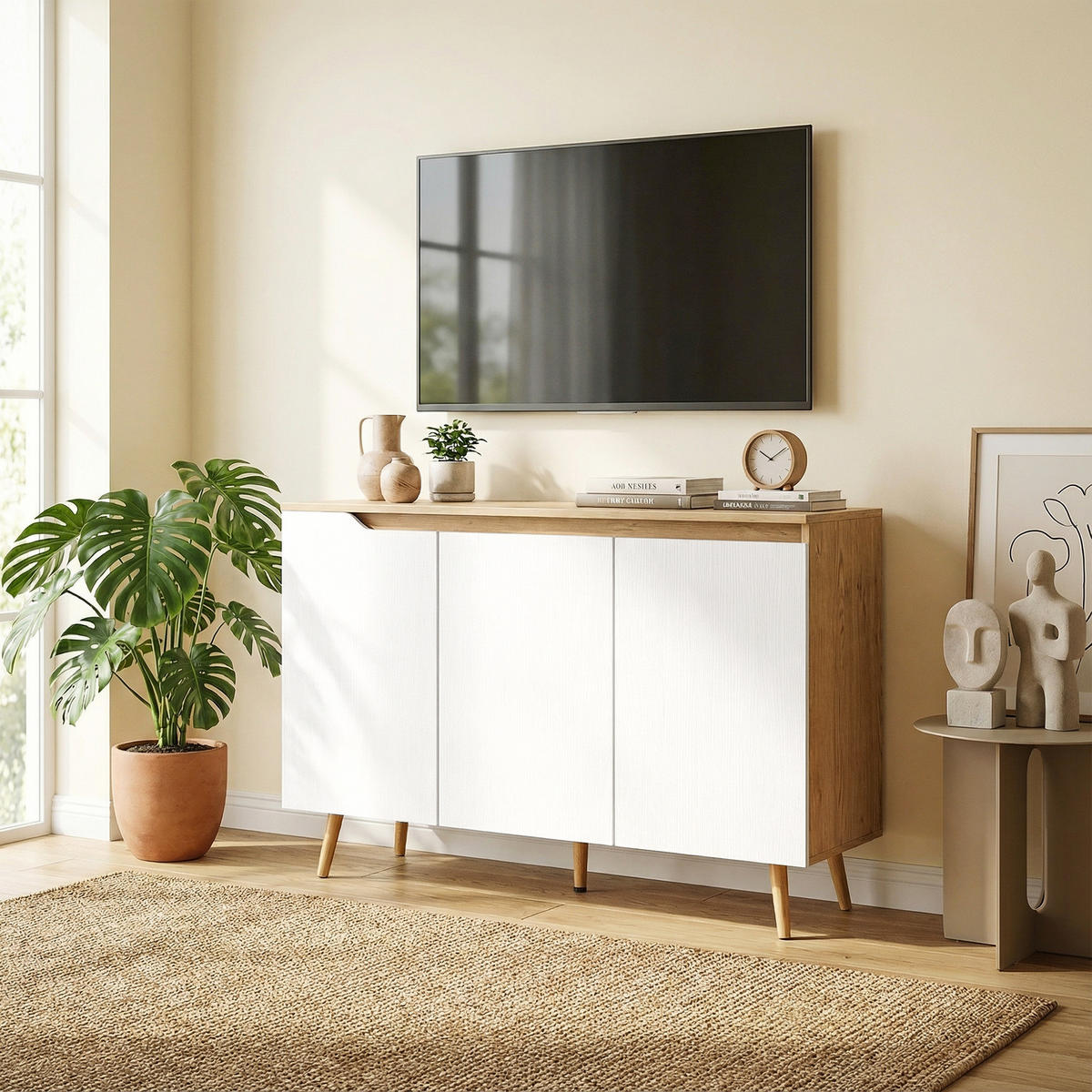 SIDEBOARD DE-11301 3 Türen, verstellbare Böden Weiß/Eiche - Eichefarben, Holzwerkstoff (107/76.5/35cm) - ComfortXL