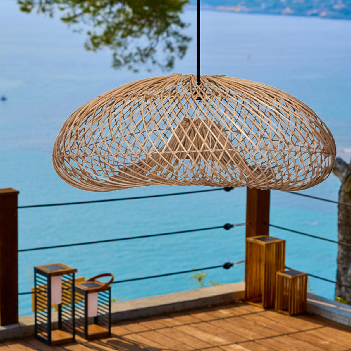 SEVIA D80CM 5M netzbetriebene Pendelleuchte - Beige, Holz (80/60/35cm) - Lumisky