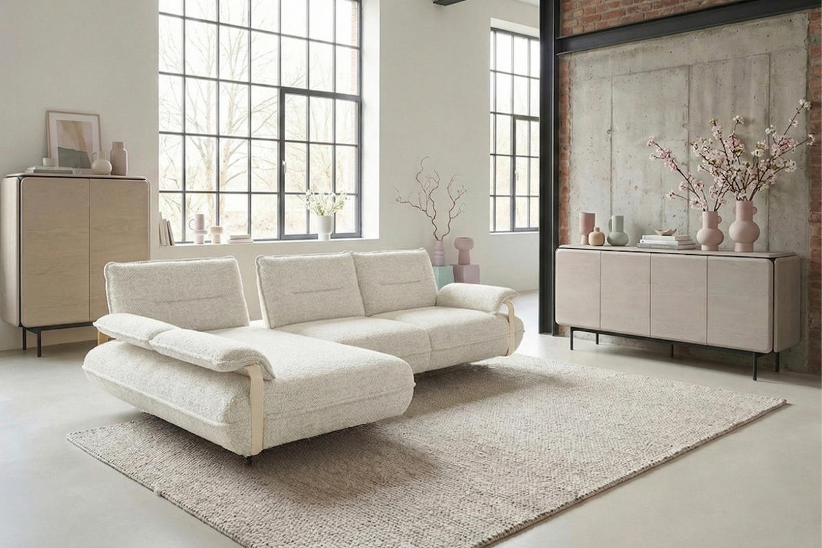 ECKSOFA ANISSA Cremeweiß Flachgewebe - Creme/Schwarz, Kunststoff/Textil (297/185cm) - KAWOLA