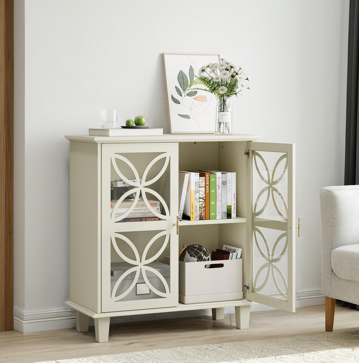 SIDEBOARD 80/38/87 cm creme aus MDF und Holzwerkstoff mit Hartglastüren - Creme, Holzwerkstoff (80/87/38cm) - OKWISH