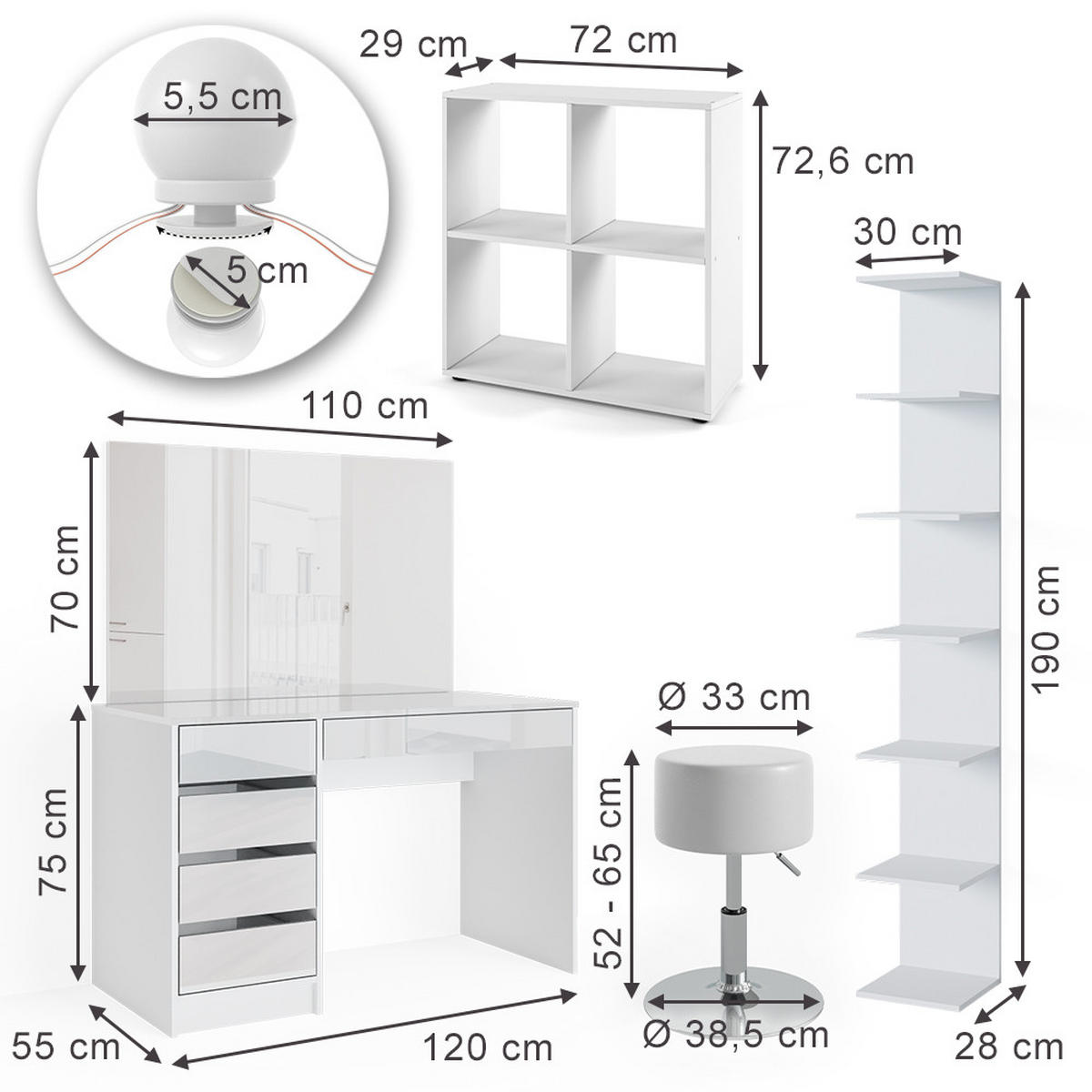 SCHMINKTISCH Sherry Weiß 5 Teile mit LED - Weiß, Holzwerkstoff (55/75/120cm) - Vicco