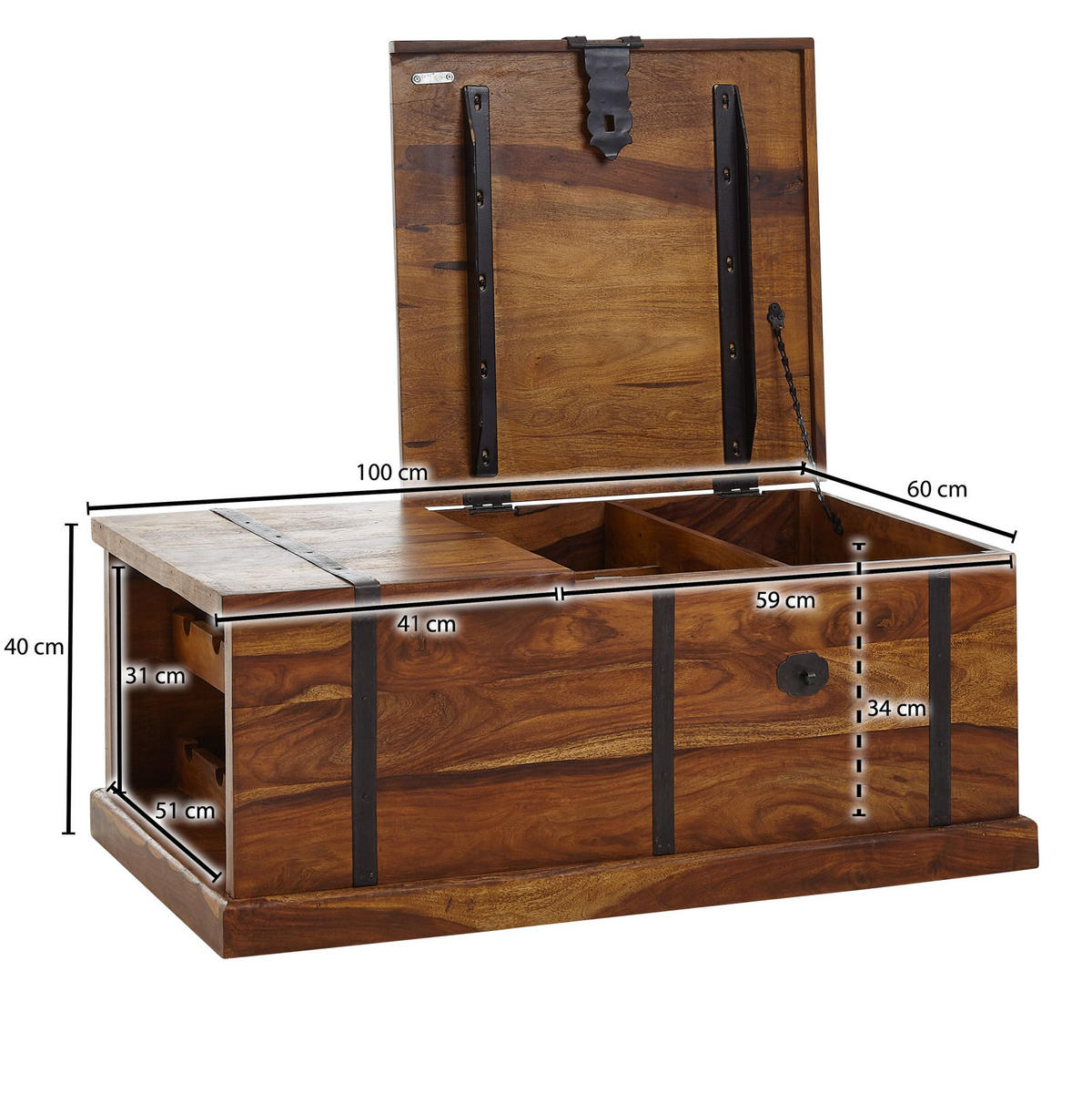 COUCHTISCH Massivholz mit integriertem Weinregal und Stauraum 100x60x40cm - Braun, Holz (100/40/60cm) - KADIMA DESIGN