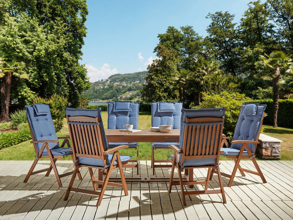 GARTENMÖBEL-SET 6-Sitzer Akazienholz Auflagen blau Amantea - Blau/Dunkelbraun, Holz - Beliani
