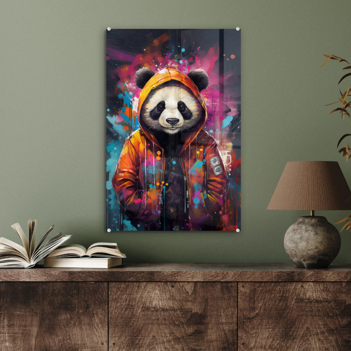 ACRYLGLASBILD Panda - Jacke - Graffiti - Orange 40x60 cm - Orange, Glas (40/60cm) - MuchoWow