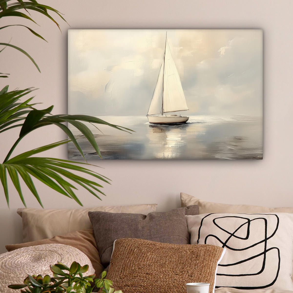LEINWANDBILD Segelschiff - Meer - Bewölkt Wanddeko 90x60 cm - Creme, Textil (90/60cm) - MuchoWow