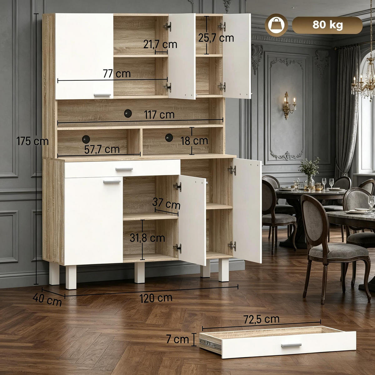 BUFFET DE-38824 120/40/175 cm 6 Türen und Schublade Weiß - Weiß, Holzwerkstoff (120/175/40cm) - ComfortXL