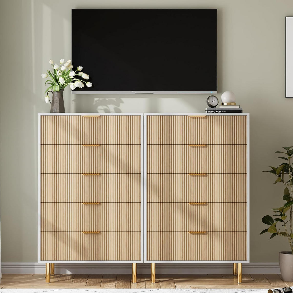 KOMMODE 5 Schubladen Stauraum khaki - Naturfarben, Holz (34/109.8/60cm) - Fortuna Lai