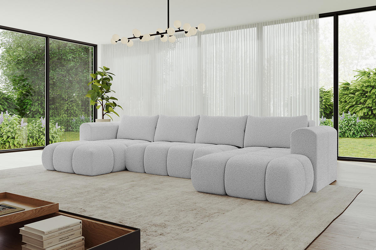 WOHNLANDSCHAFT Ottomane Links CLOUD-U 414x180x40 Hellgrau Bouclé - Hellgrau, Holzwerkstoff/Kunststoff (414/90/180cm) - ALTDECOR